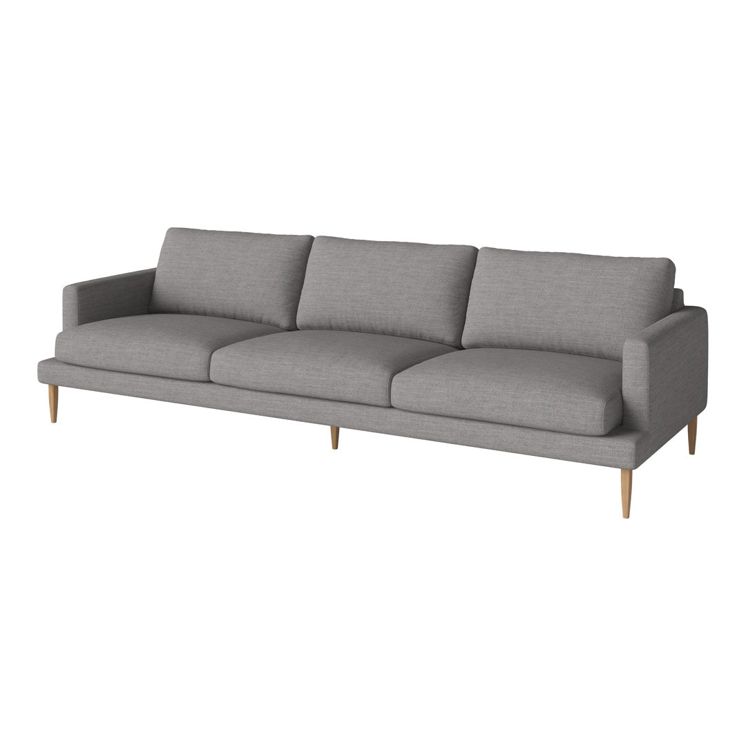 Gray modern sofa with smooth fabric, featuring clean lines and tapered wooden legs for a minimalist look.