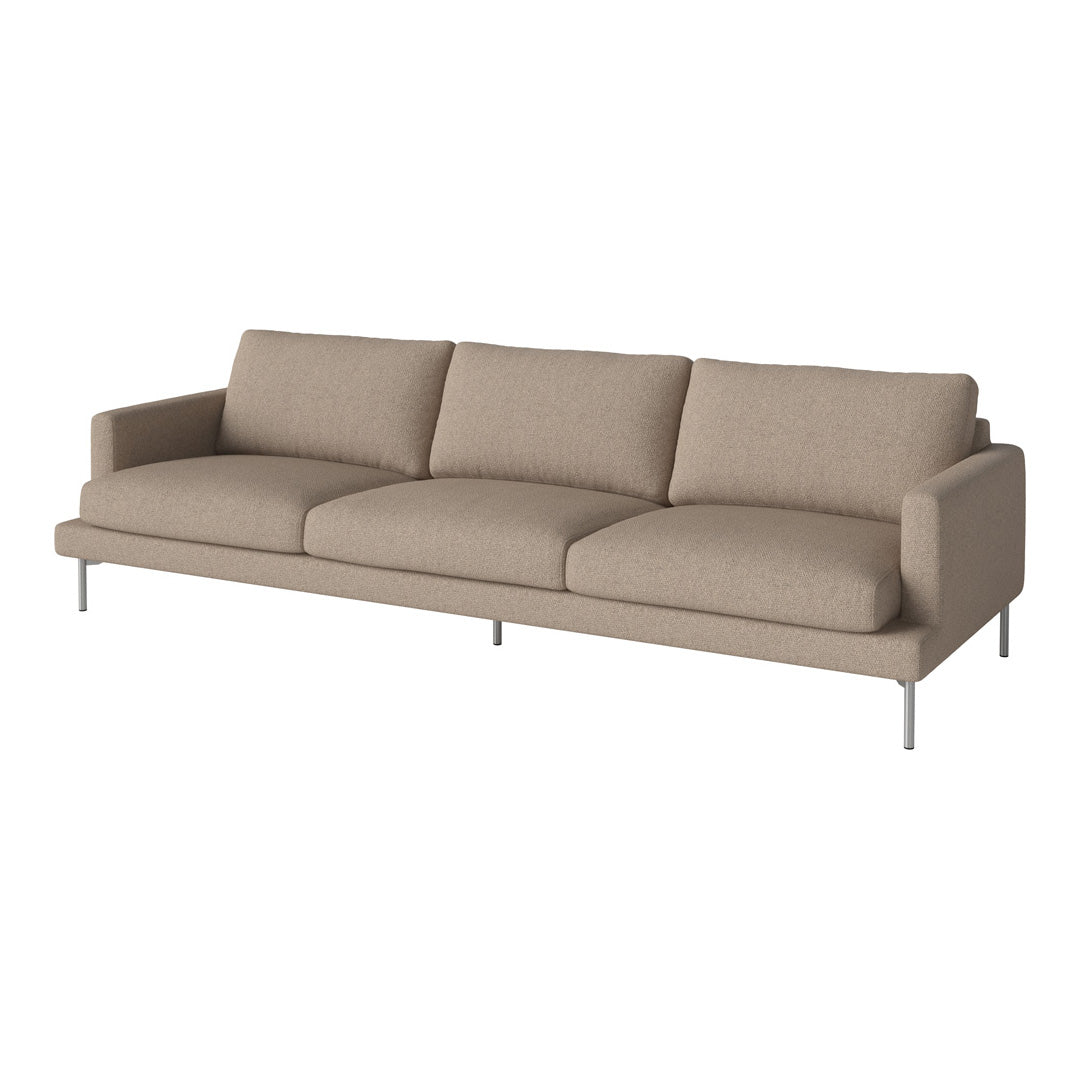 Beige upholstered sofa with a smooth texture and minimalist design, featuring three cushions and sleek metal legs.