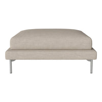 Beige upholstered ottoman with a smooth texture and sleek metal legs, perfect for modern decor.
