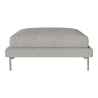Light gray upholstered ottoman with a smooth, textured pattern and sleek silver legs. Minimalist design for any space.