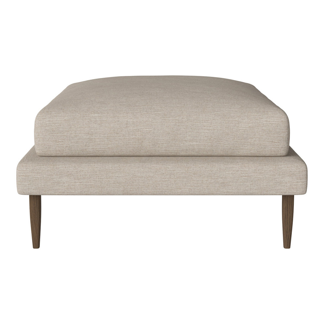 Beige upholstery with a clean, simple design; solid wood legs in a warm, natural finish.