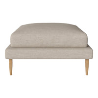 Beige linen ottoman with a smooth finish and light wooden legs. Simple, modern design perfect for any decor.