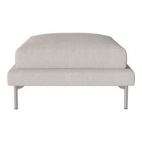 Light gray upholstered ottoman with a smooth texture and minimalist design, featuring sleek silver legs.
