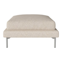 Beige upholstered ottoman with a simple, textured pattern and sleek silver legs. Perfect for modern decor.