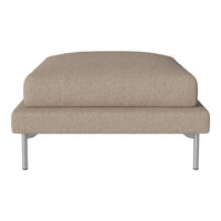 Beige upholstered ottoman with a smooth, minimalist design and sleek silver legs. Perfect for modern decor.