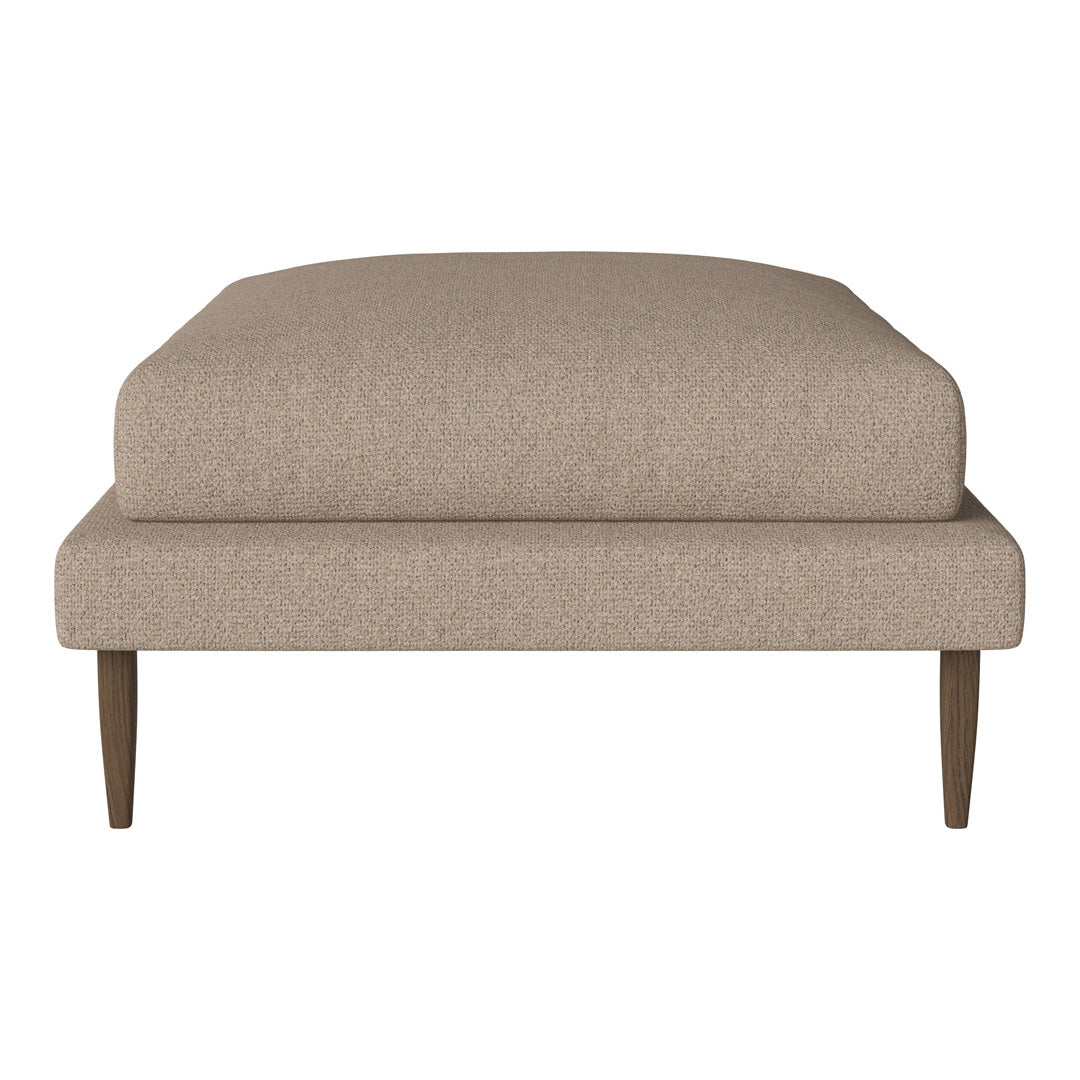 Beige upholstered ottoman with a smooth texture and wooden legs, perfect for contemporary decor.