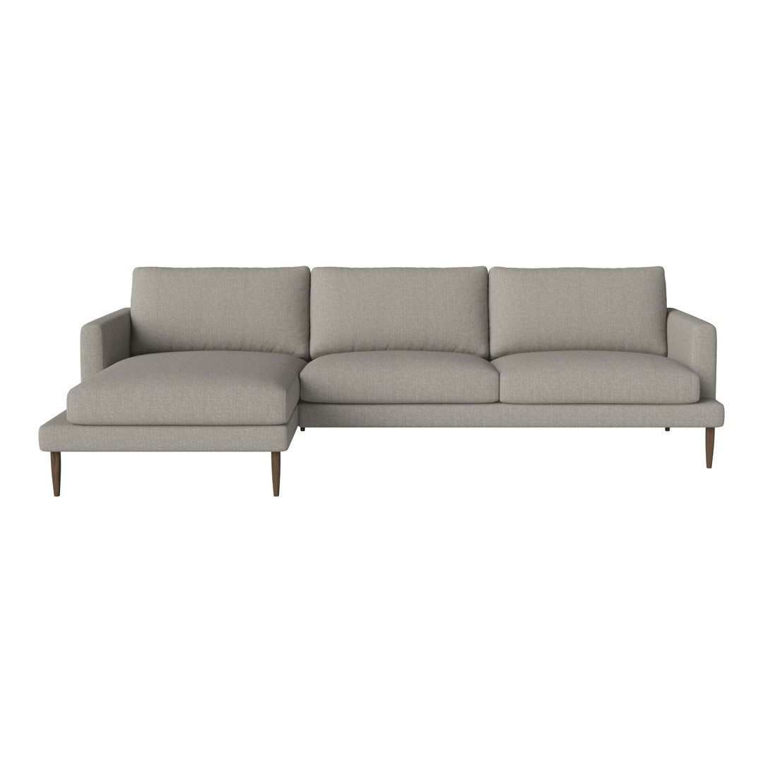 Light gray, textured fabric sectional sofa with clean lines and wooden legs for a modern look.