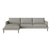 Light gray, textured fabric sectional sofa with clean lines and wooden legs for a modern look.