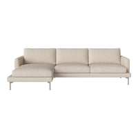 Beige sectional sofa with smooth fabric and minimalist design, featuring clean lines and a modern aesthetic.