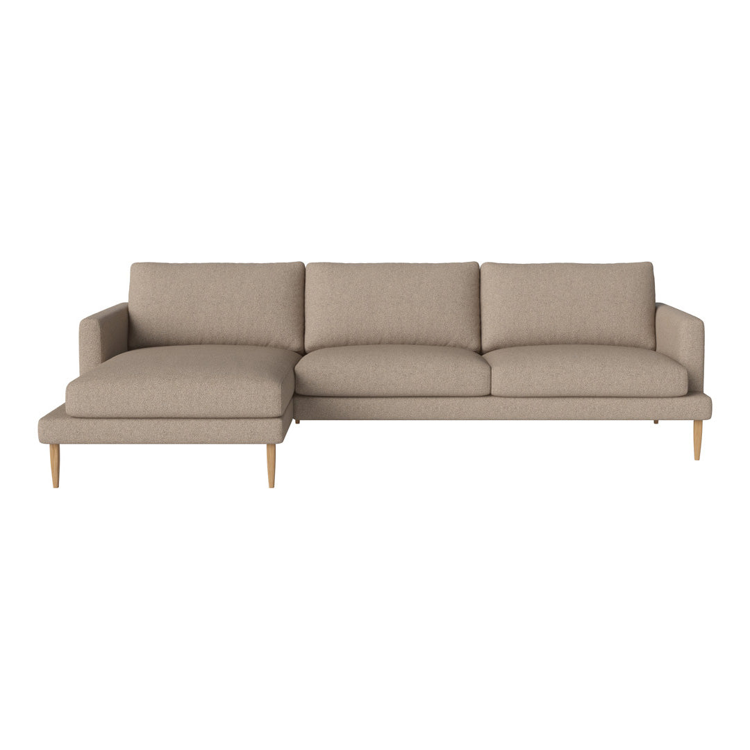 Modern beige sectional sofa with smooth upholstery and wooden legs, perfect for stylish living spaces.