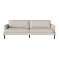 Light beige sofa with a minimalist design and smooth fabric, featuring subtle texture and wooden legs for a modern touch.