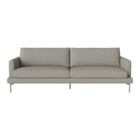 Light gray upholstered sofa with a minimalist design and smooth, solid-patterned fabric.