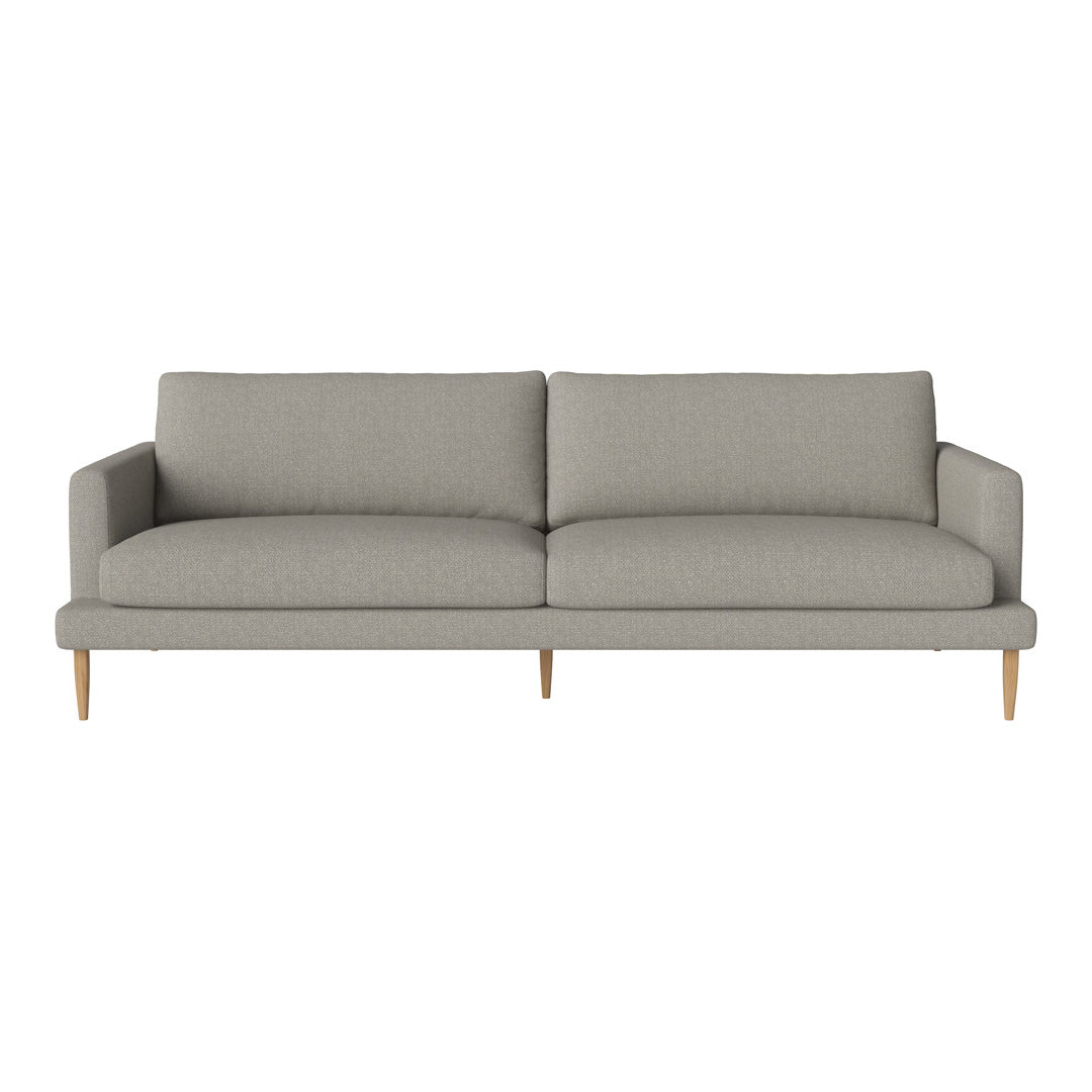 Light gray modern sofa with a minimalist design and wooden legs, featuring smooth fabric and clean lines.