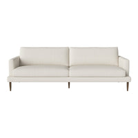 Cream-colored sofa with clean lines and minimalistic design, featuring a solid upholstery pattern and wooden legs.