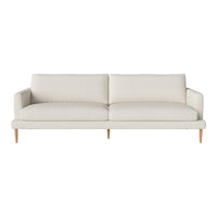 Light beige sofa with a smooth, textured fabric and minimalist design, featuring natural wood legs.