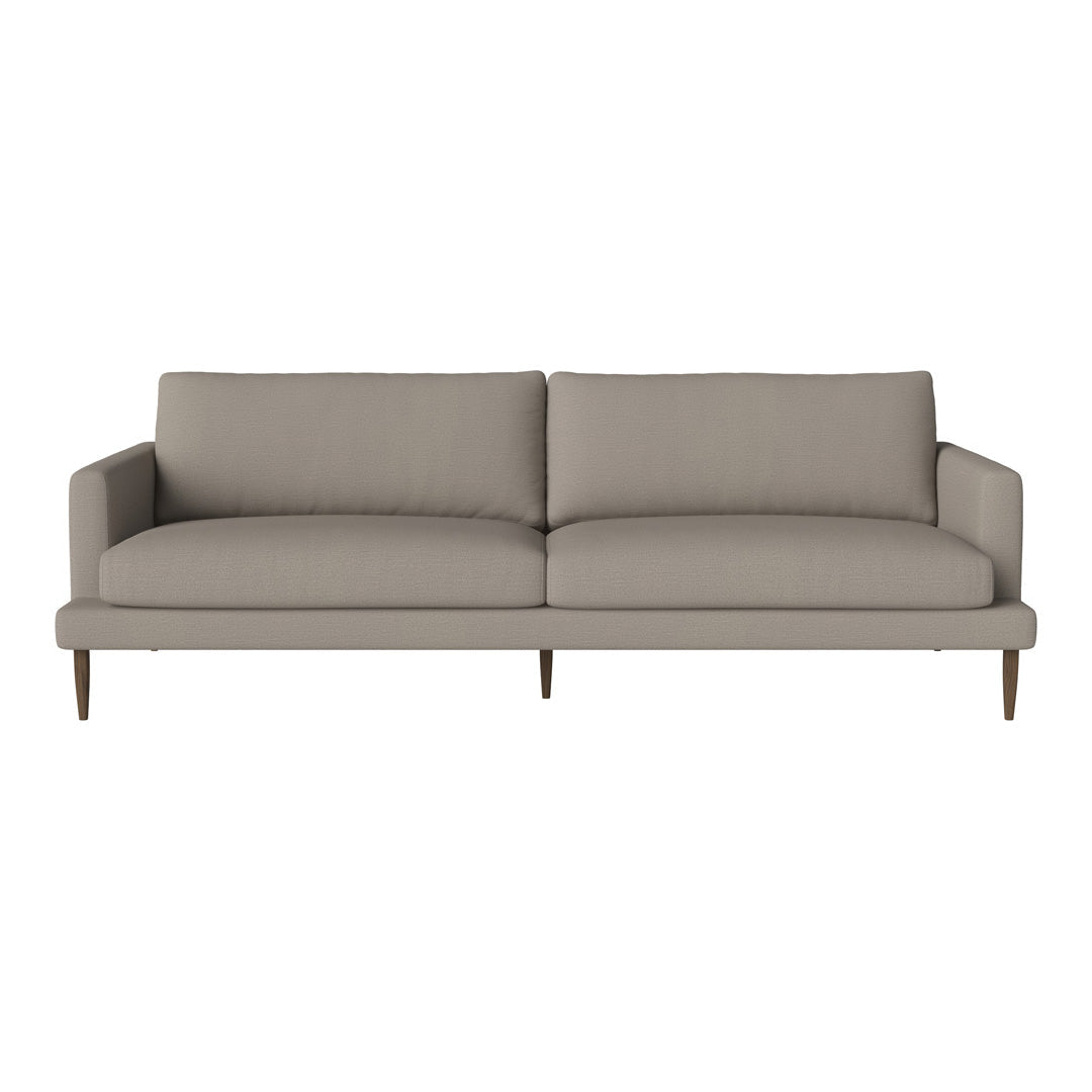 Gray upholstered sofa with a sleek, modern design and tapered wooden legs, featuring a minimalist style.
