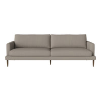 Gray upholstered sofa with a sleek, modern design and tapered wooden legs, featuring a minimalist style.