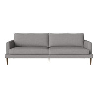 Gray modern sofa with clean lines and plush cushions, featuring a simple, solid pattern and wooden legs.
