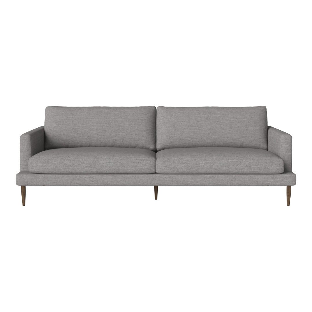 Gray modern sofa with clean lines and plush cushions, featuring a simple, solid pattern and wooden legs.