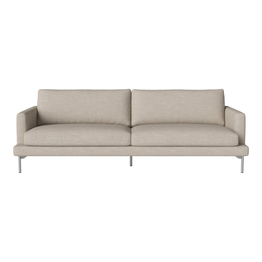 Light beige modern sofa with clean lines and two upholstered cushions, featuring a minimalist design.