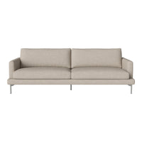Light beige modern sofa with clean lines and two upholstered cushions, featuring a minimalist design.