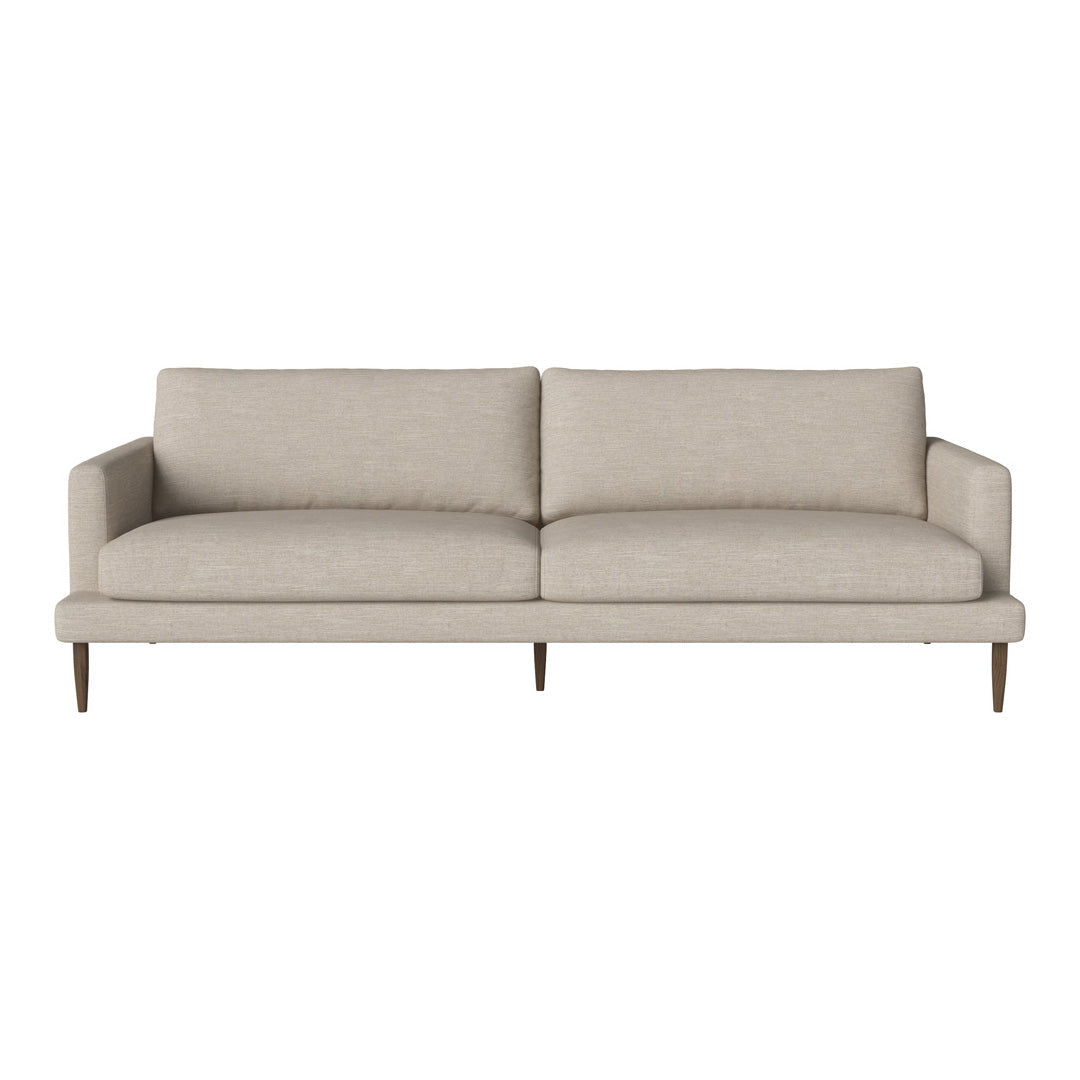 Beige minimalist sofa with smooth fabric, featuring clean lines and a sleek wooden base. Perfect for modern décor.