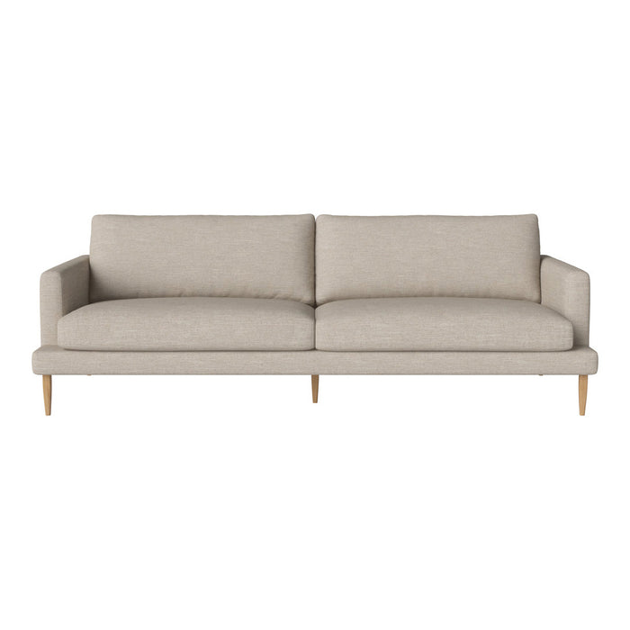 Light beige sofa with a minimalist design and natural wood legs, featuring a textured fabric upholstery.