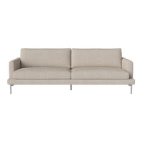 Light beige sofa with a smooth fabric texture and minimalist design, featuring sleek silver legs.