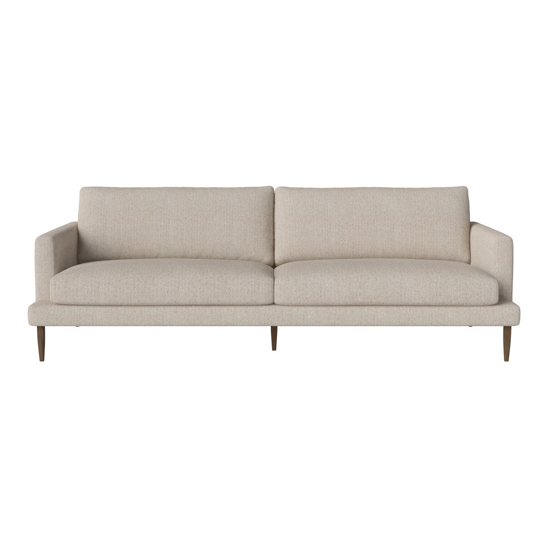 Light beige fabric sofa with a smooth texture and minimalist design, featuring two soft back cushions.