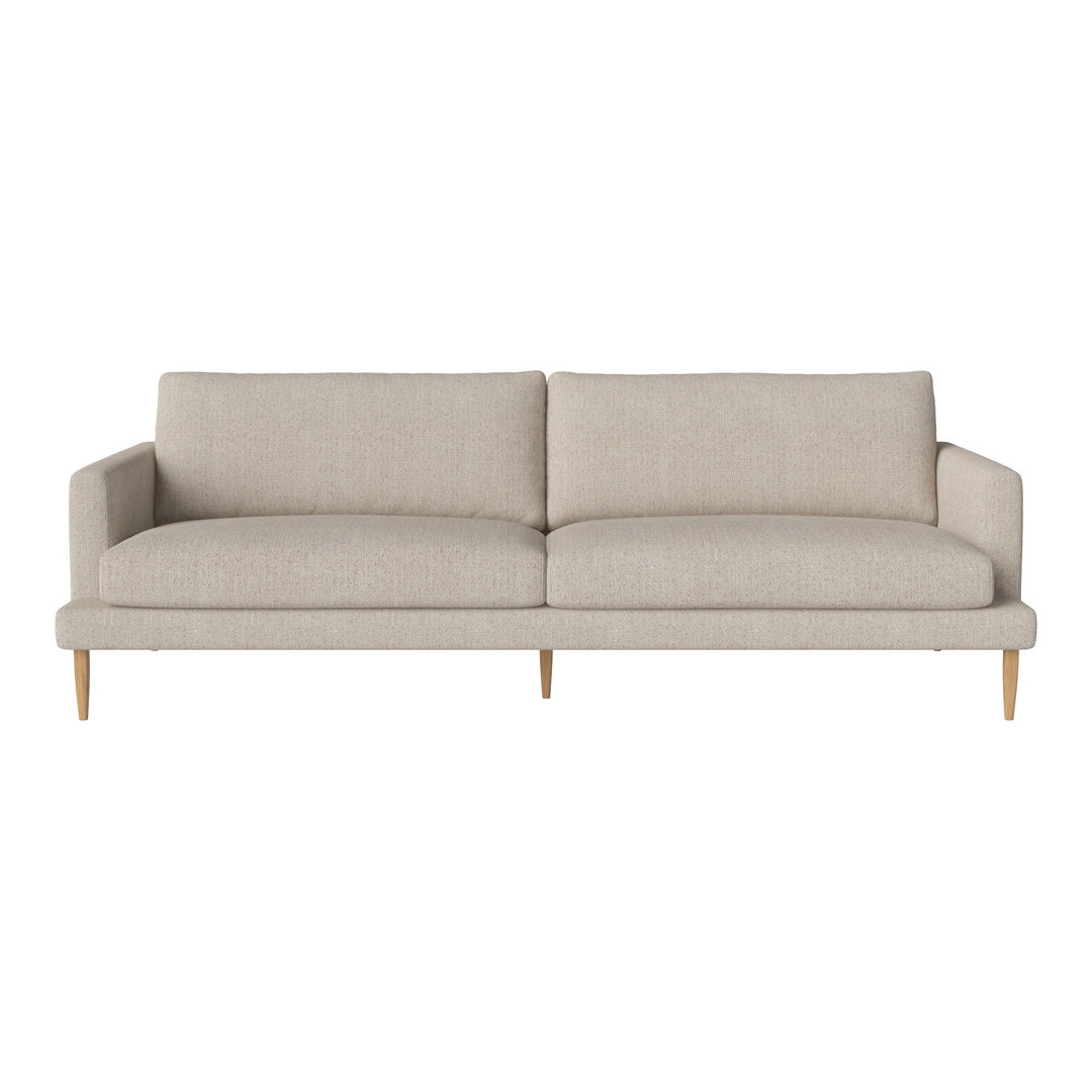 Light beige upholstered sofa with a minimalist design and natural wooden legs, perfect for modern interiors.