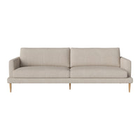 Light beige upholstered sofa with a minimalist design and natural wooden legs, perfect for modern interiors.