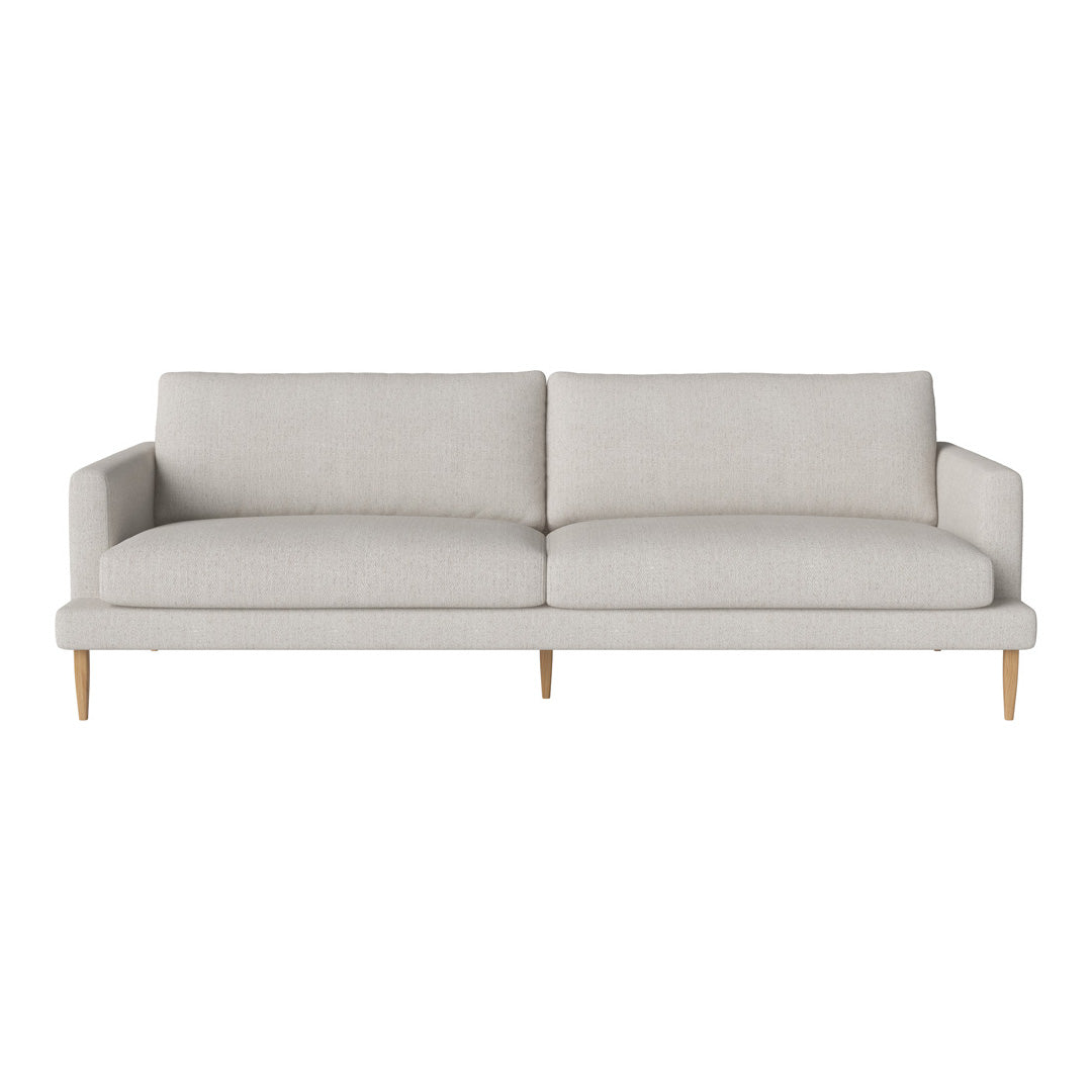 Light gray sofa with clean lines and textured fabric, featuring natural wooden legs for a modern look.