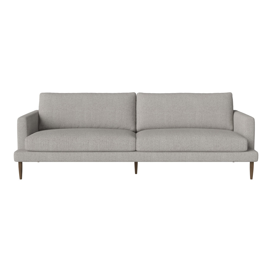 Light gray modern sofa with clean lines and minimalist design, featuring smooth upholstery and wooden legs.