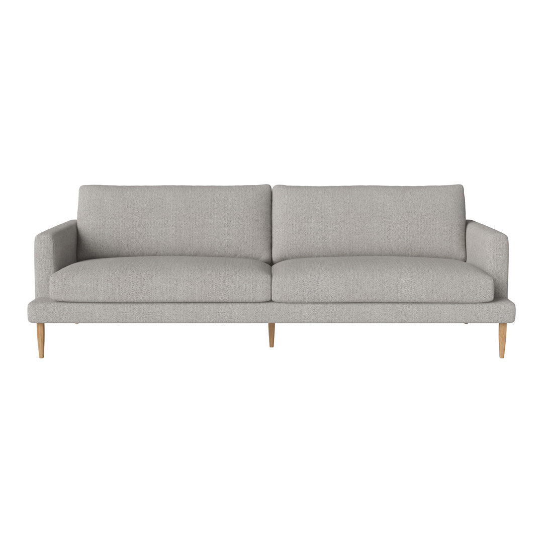 Light gray sofa with a minimalist design and smooth fabric upholstery, featuring natural wood legs.