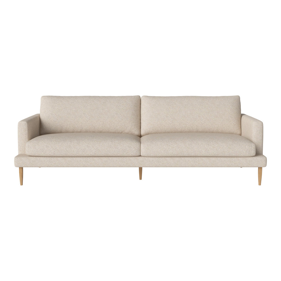 Light beige sofa with a subtle textured pattern and natural wood legs. Modern, minimalist design for any living space.