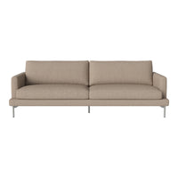 Light beige sofa with a smooth fabric texture and minimalist design, complemented by sleek metal legs.