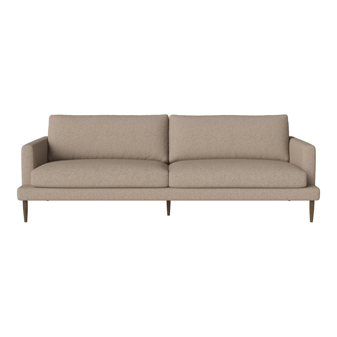 Beige modern sofa with clean lines and minimalistic design, featuring solid upholstery and wooden legs.