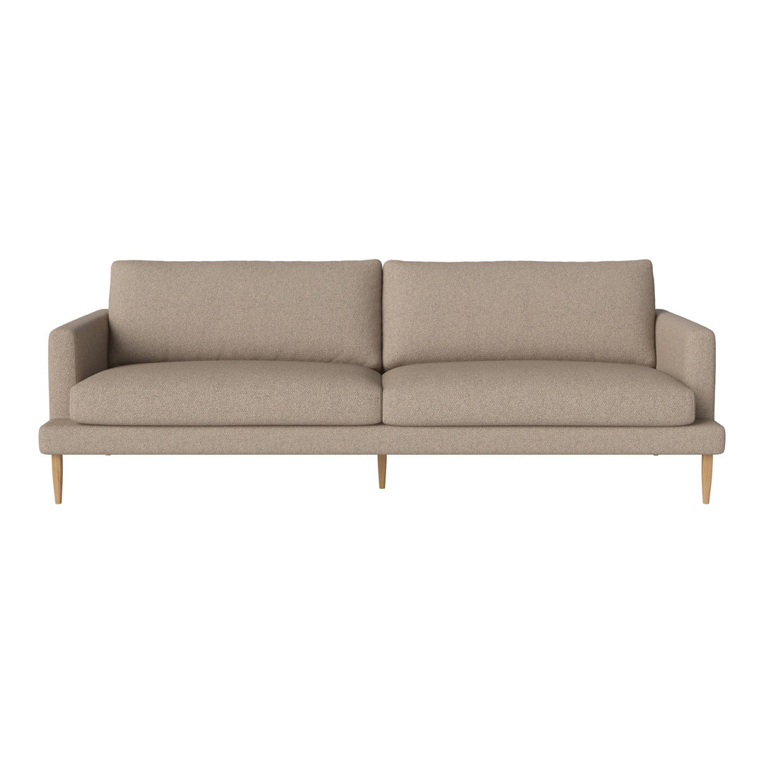 Beige minimalist sofa with smooth fabric and light wood legs, ideal for modern living spaces.
