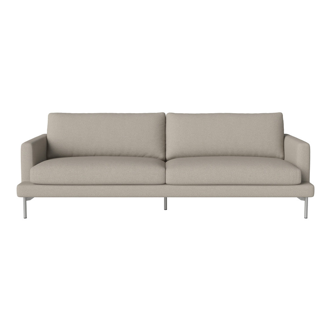 Light beige sofa with a minimalist design and smooth fabric texture, featuring a modern metal base and clean lines.