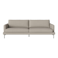 Light beige sofa with a minimalist design and smooth fabric texture, featuring a modern metal base and clean lines.