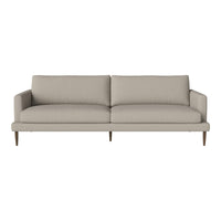Light beige sofa with a simple, clean design and smooth upholstery; modern style with wooden legs.