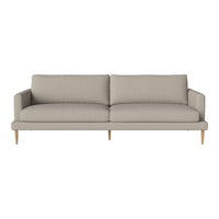 Light grey fabric sofa with a simple, modern design and natural wooden legs, featuring a smooth, solid pattern.