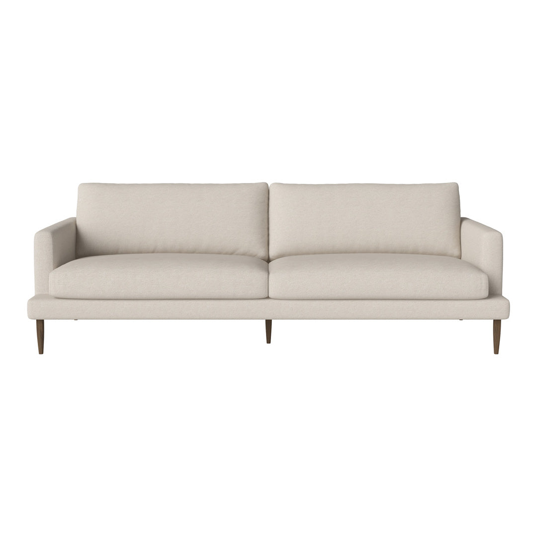 Light beige modern sofa with clean lines and a minimalist design, featuring two plush cushions and wooden legs.