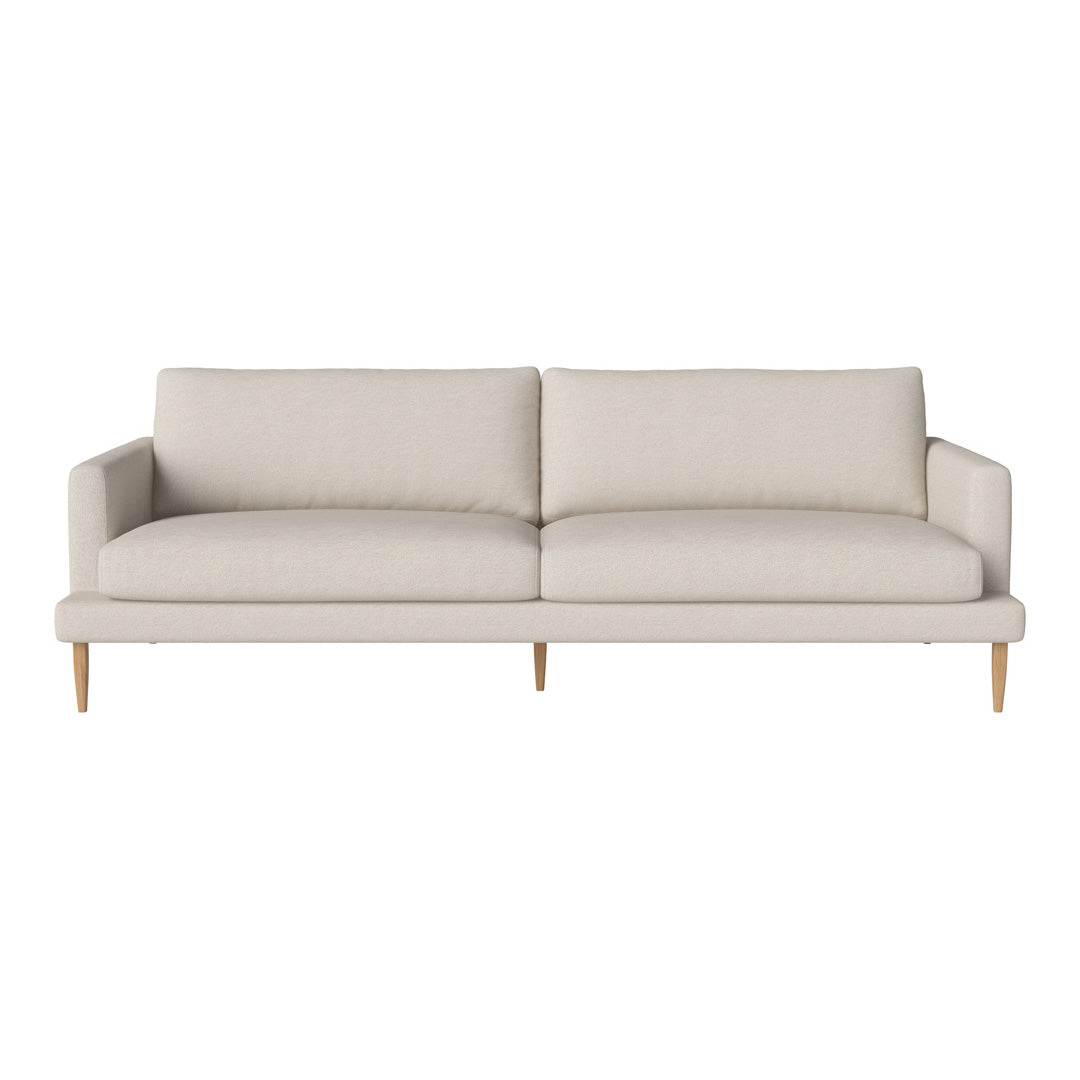 Light beige sofa with smooth fabric and minimalist design, featuring wooden legs and no visible patterns.