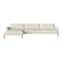 Modern light beige sectional sofa with a clean design and smooth upholstery, featuring subtle natural wood legs.