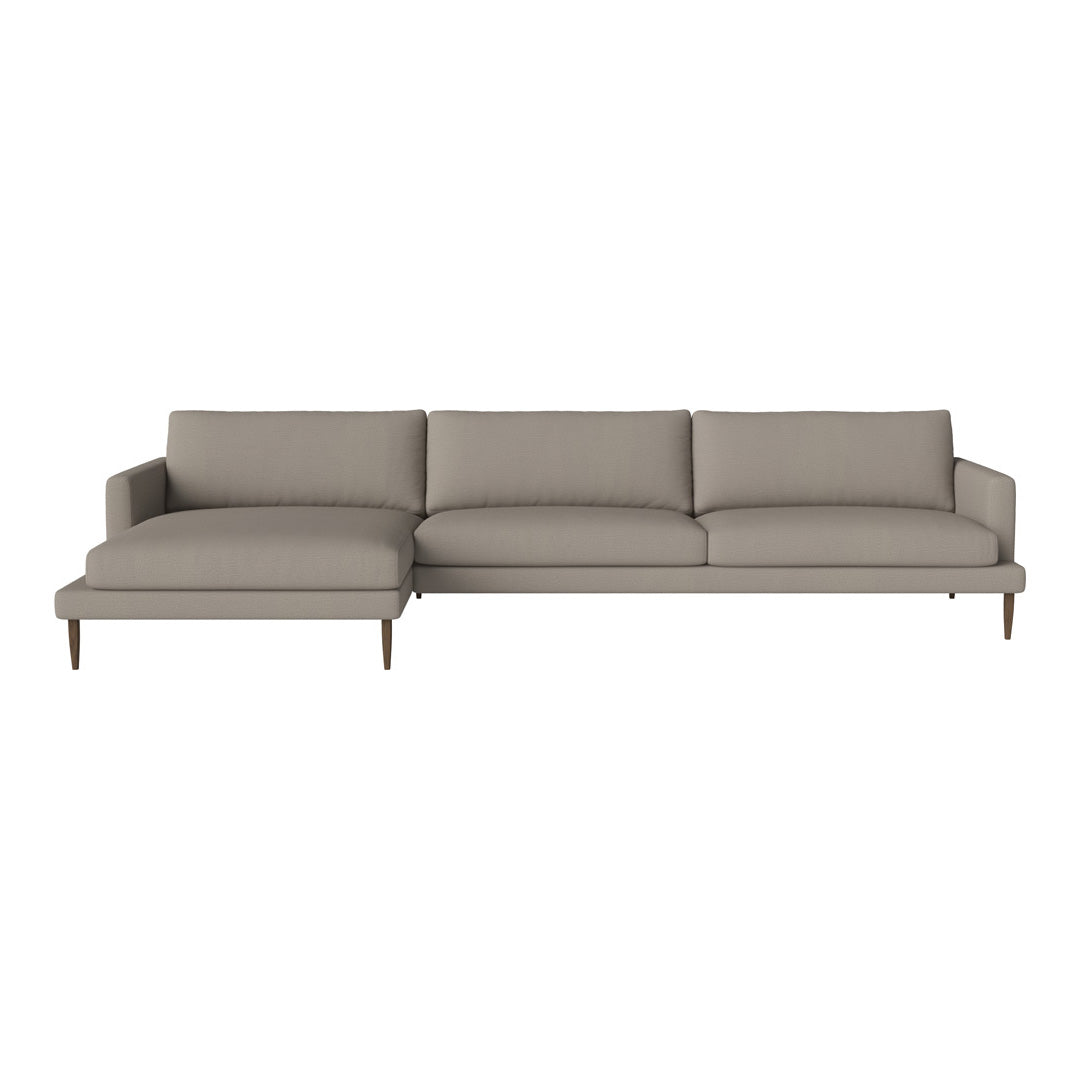 Modern light gray sectional sofa with clean lines and minimalist design, featuring smooth fabric upholstery.