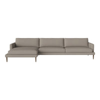 Modern light gray sectional sofa with clean lines and minimalist design, featuring smooth fabric upholstery.