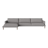 Gray fabric sectional sofa with clean lines and minimalist design, featuring solid wood legs for a modern touch.