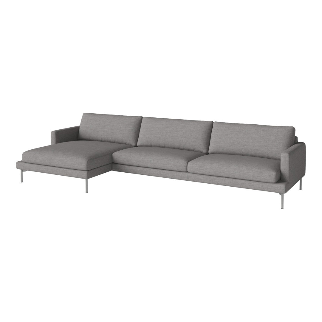 "Modern grey sectional sofa with a sleek design and minimalist upholstery."