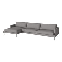 "Modern grey sectional sofa with a sleek design and minimalist upholstery."